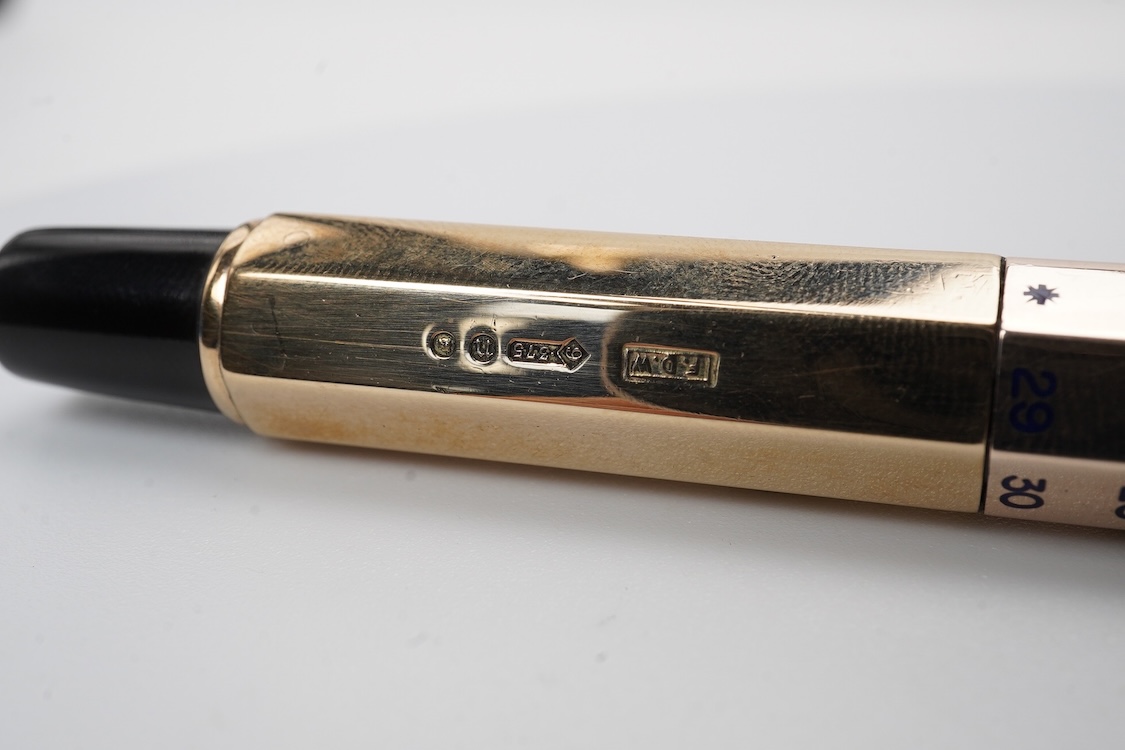 A very rare Waterman FDW 9ct. gold octagonal lever filled pen with perpetual calender fitted with No.2 Waterman nib